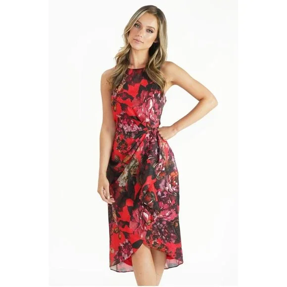 London Times | Dresses | London Times Red Floral Shift Dress Sz 4 Ruffle  Detail Chiffon Tulip Hem New